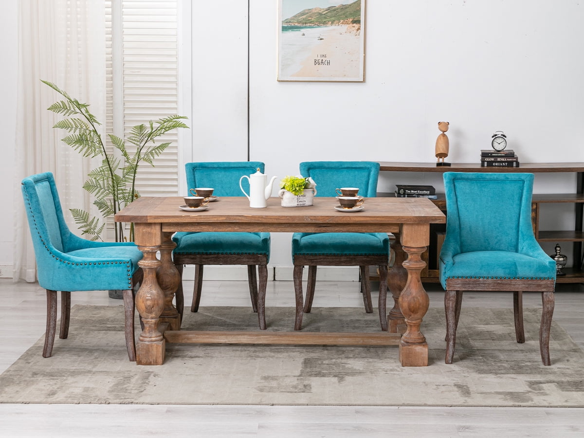 Blue Farmhouse Rubberwood Dining Chairs Set of 6 Thick Upholstered Kitchen Dining Room Set Walmart