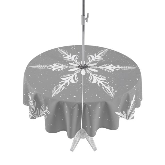 Outdoor Table Cloth with Umbrella Hole and Zipper, Grey Christmas Waterproof Round Tablecloth 54 Inch, Xmas Snowflake Winter Washable Table Cover for Outside Party Patio Picnic