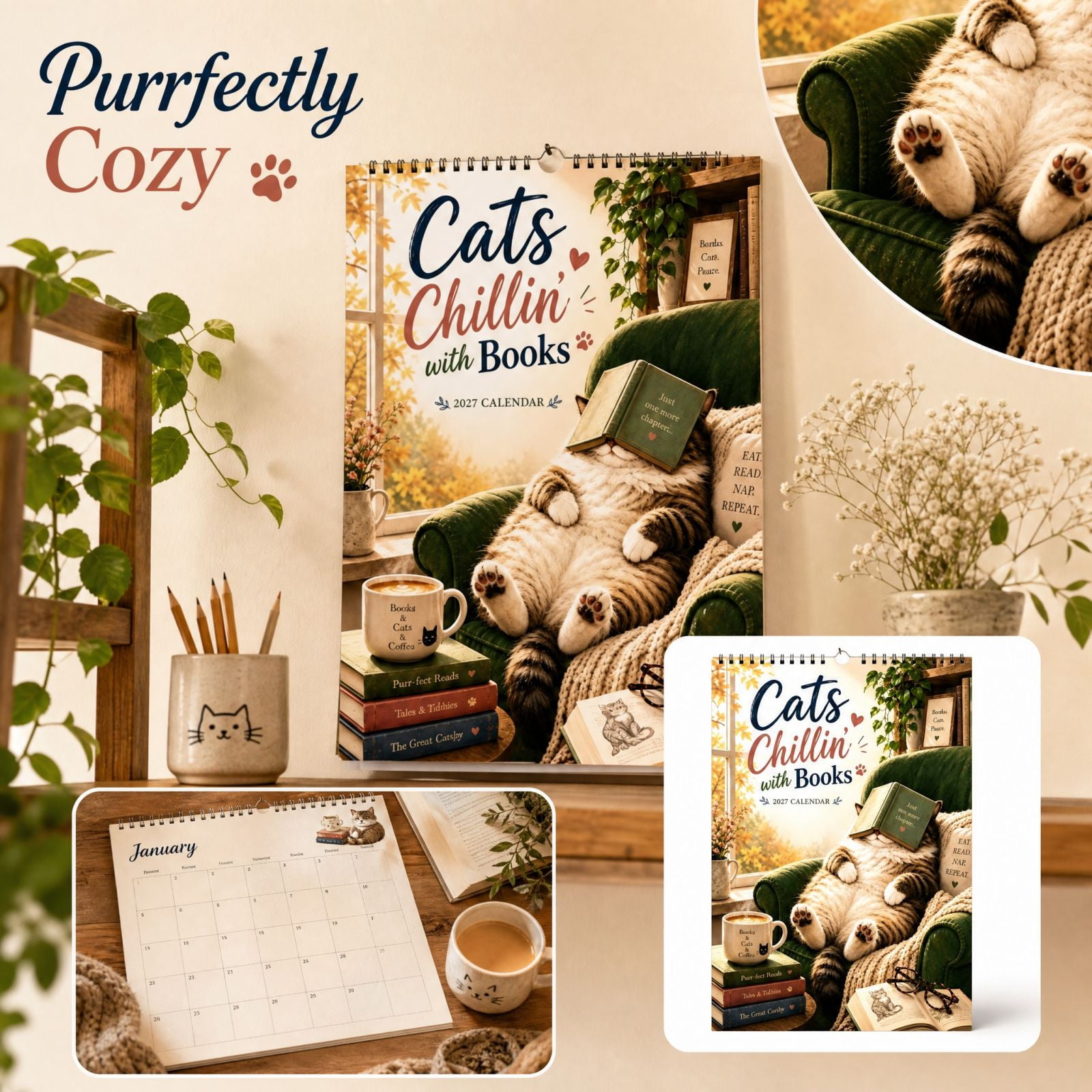 Cats Chillin with Books 2027 Wall Calendar Featuring Spiral Binding and Cozy Reading Scene Illustrations Large Wall Calendar for Home Office Decor Unique Holiday Decor Cat