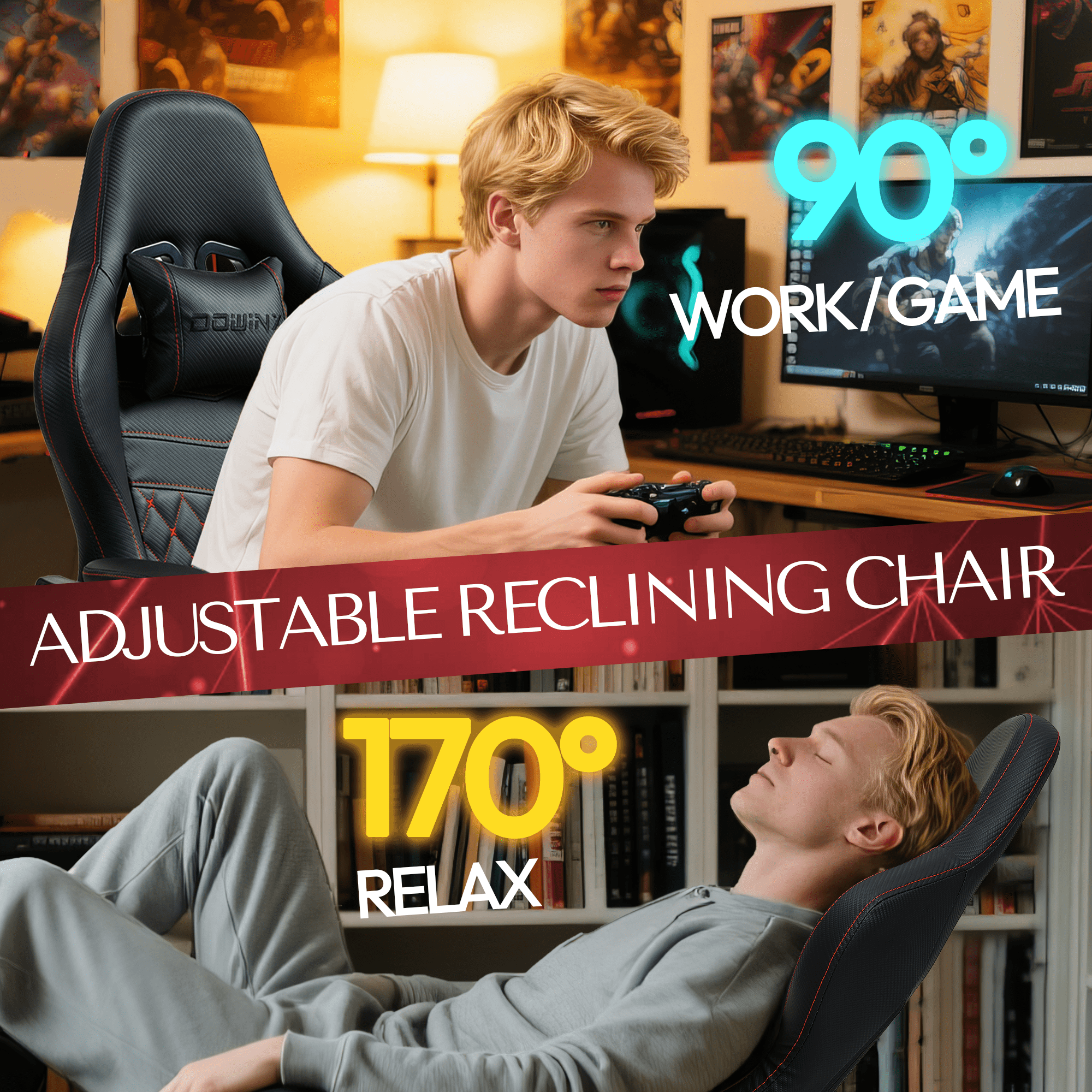 GOOSEA Big and Tall Gaming Chair with Footrest, Ergonomic High Back Office Computer Chair, Adjustable Massage Lumbar Support, PU Leather for Adults, 350Lbs, Black