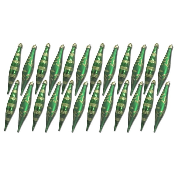 24 Pack Green Finial Ornament with Snowflake and Line Glitter Design
