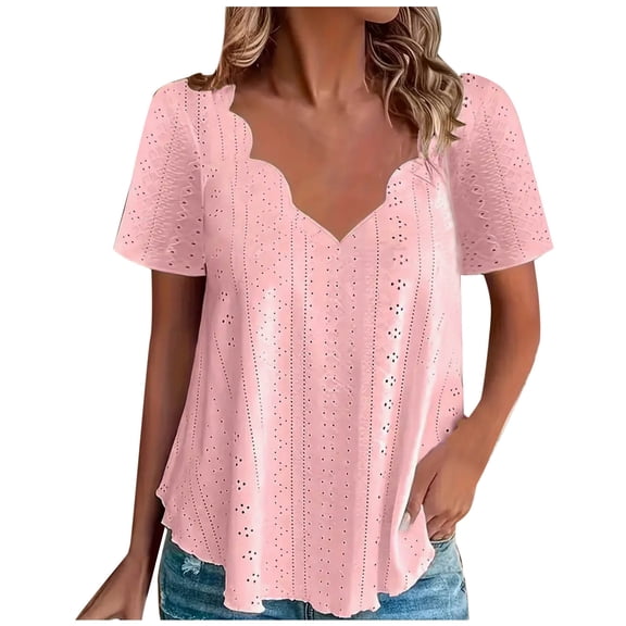 GigrtiJin Womens Trendy Dressy Tops Short Sleeve Floral Scalloped V Neck Shirt Blouse Solid Color Loose T-Shirt