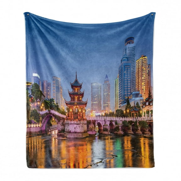 City Soft Flannel Fleece Throw Blanket, Guiyang China Skyline at Jiaxiu Pavillion on the Nanjing River Cityscape at Dusk, Cozy Plush for Indoor and Outdoor Use, 70" x 90", Multicolor, by Ambesonne
