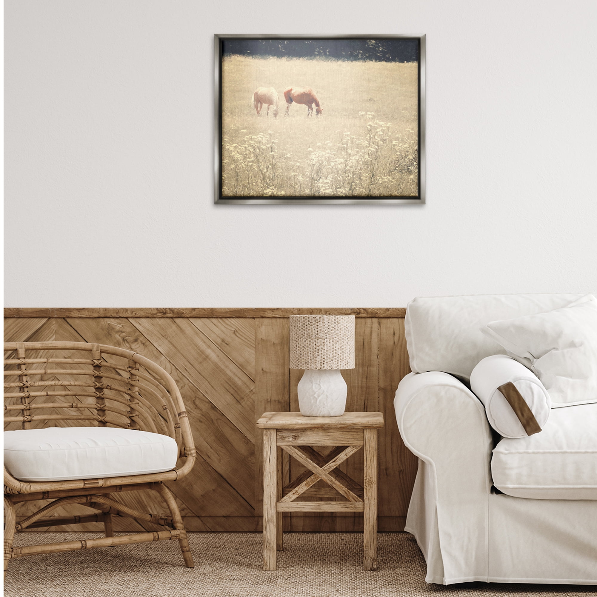 Stupell Industries Pair of Horses Grazing Landscape & Nature Photography Gray Floater Framed Canvas Art Print Wall Art, 31 x 25