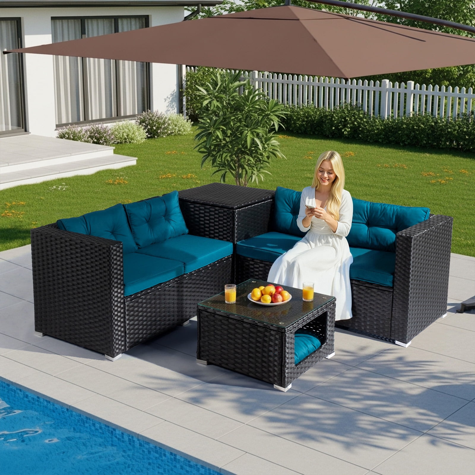 Ktaxon 4PC Patio Furniture Set, Black PE Wicker Modular Sectional with Storage Box, Pet Coffee Table  Peacock Green Cushions