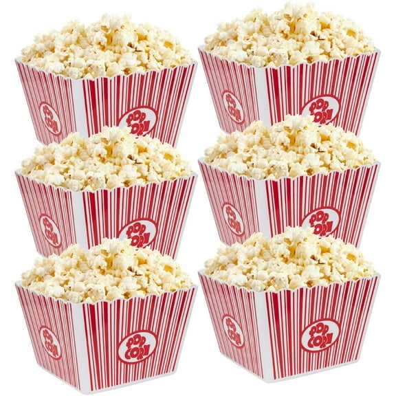 SHENSHA  6 Pack Popcorn Containers, Plastic Movie Theater Style Popcorn Container Set, Red & White Striped Classic Popcorn Boxes for Movie Night, Reusable (Square, 9" x 9" x 6")