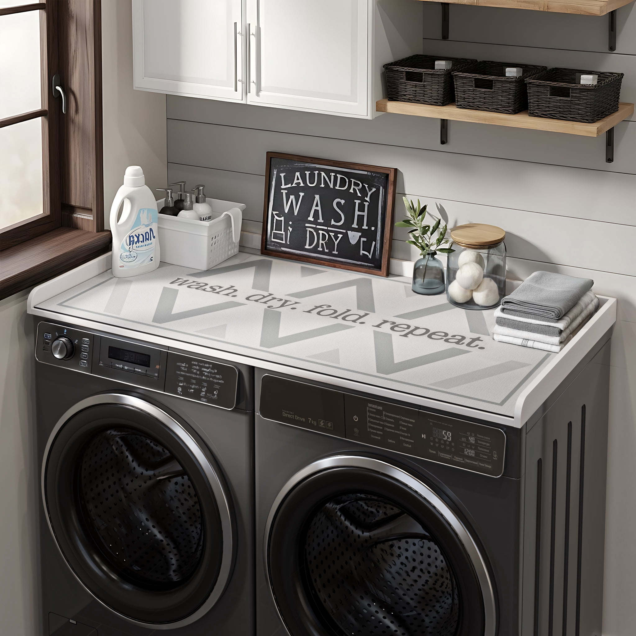 27.6" D x 54" W Wood Washer Dryer Countertop with Anti-Slip Pad, Laundry Room Organization Set, Dryer Covers for The Top with Edge Rails, Washer Dryer Topper for Laundry Room, White
