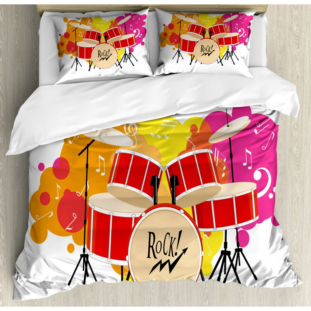 Drums Duvet Cover Set, Ornamental Digital Scene Colorful Blots on the