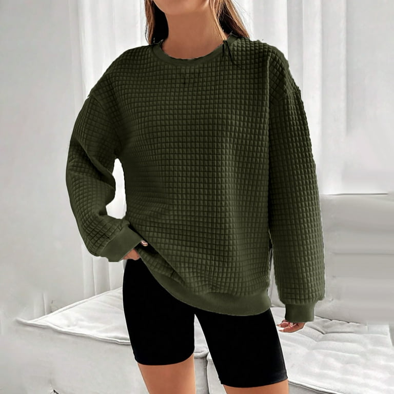 Waffle Knit Sweater Top Womens Fashion Crew Neck Sweatshirt Loose Plain  Pullover Long Sleeve Casual Jumper Blouse (Small, Army Green)