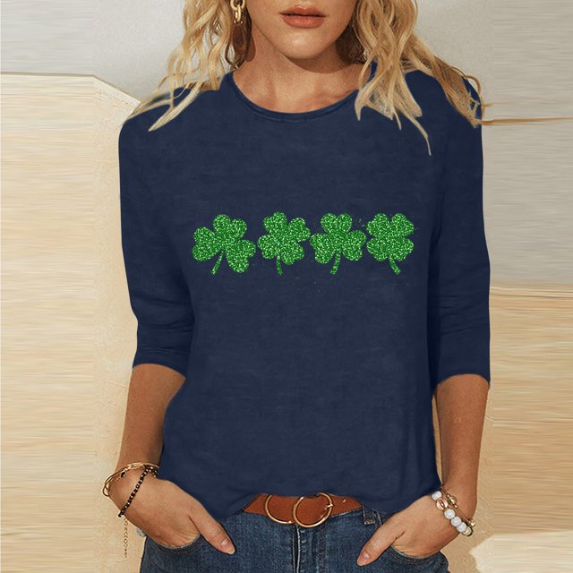 T-Shirt Ample à Manches Trois-Quarts et Col Rond Imprimé pour la Saint-Patrick pour Femmes