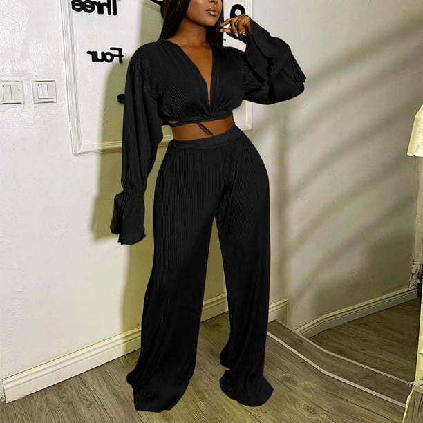 Puntoco Fashion Conjunto de pantalón largo arrugado de manga larga con cuello en V informal para mujer Puntoco Puntoco-7868