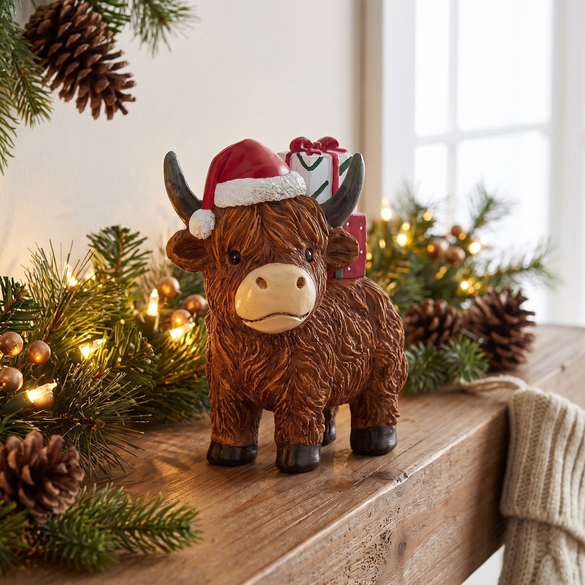 Highland Cow with Presents Christmas Decoration, Brown, 5", by Holiday Time