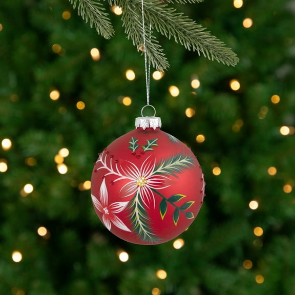 Northlight Poinsettia and Holly Glass Christmas Ball Ornament - 4" - Red