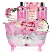 Bath Set for Women, 8 Pcs Cherry Blossom & Jasmine Spa Gift Basket , Holiday Body Care Kit for Her