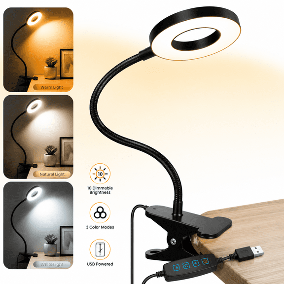 Genreen Desk Clip on Lamp for Reading Home Office, 10 Dimmable Brightness 3 Modes,Clip on desks lamps ,clip light, Clamp Light for Bed Headboard, Craft