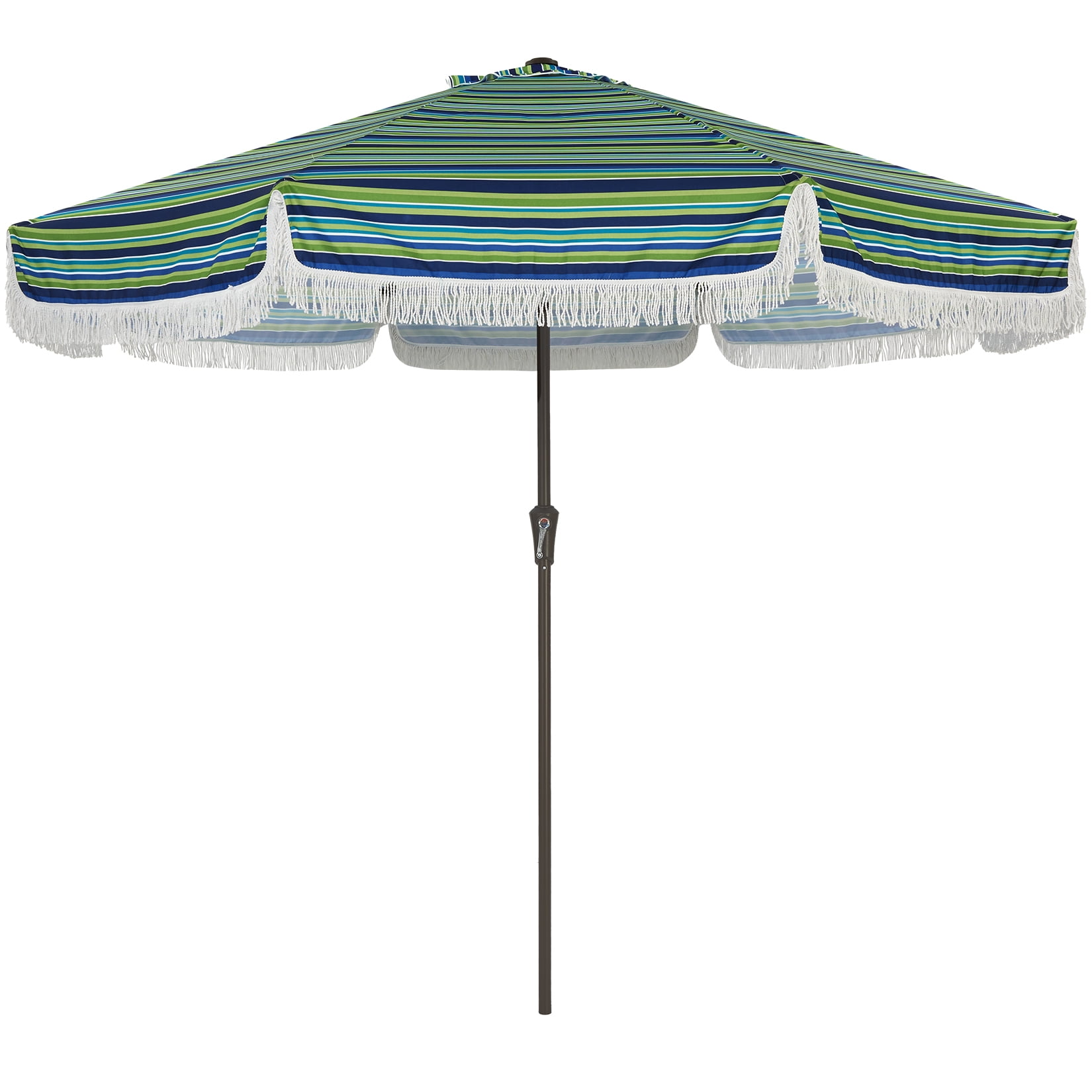 9FT Outdoor Umbrella with 8 Fiberglass Ribs, Crank Handle & Push Button Tilt, 1.5"D Premium Steel Pole, Boho Tassel Market Umbrella for Patio, Backyard, Pool, Blue & Green Striped