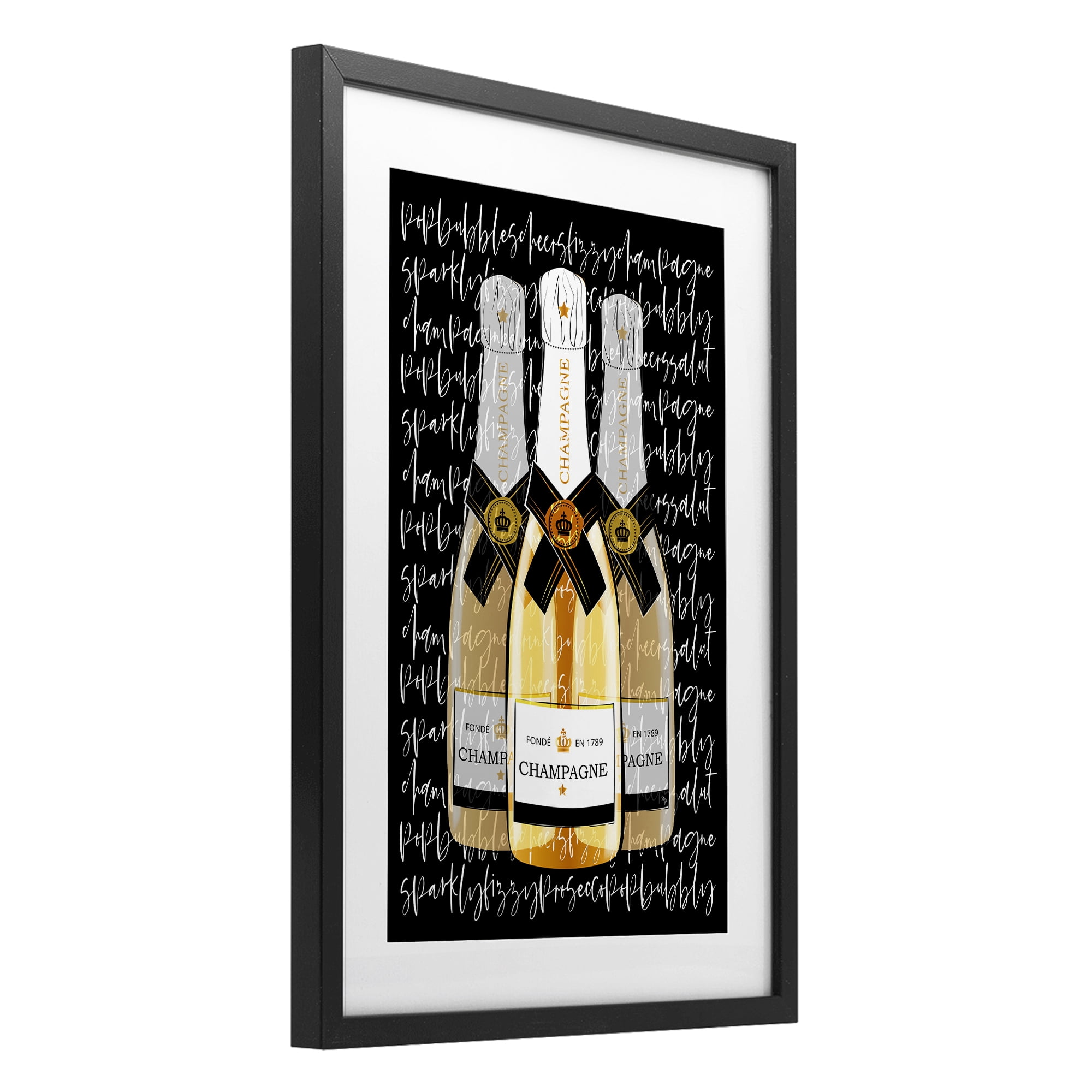 Stupell Industries Triple Champagne Bottle Love Black Framed Print Under Glass, design by Martina Pavlova
