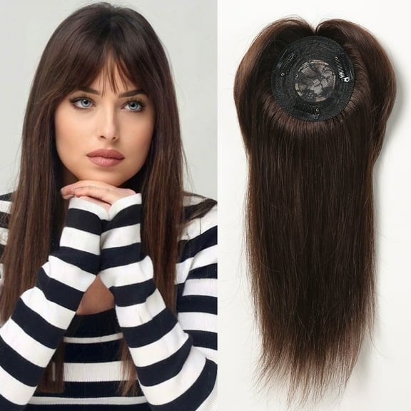 Blonde Human Hair Toppers with Bangs 12inches Straight Human Hairpieces Silk Base Clips in Hair Extensions for White Women