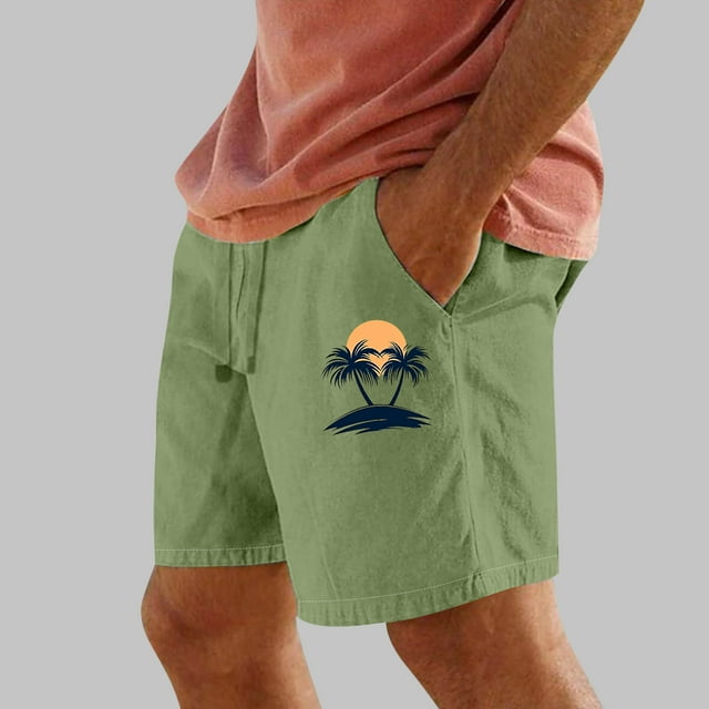 Sentmoon Shorts Men Lightweight Summer Straight Elastic Waist Swim Trunks Palm Tree Print Workout Shorts Side Pockets 2025 Athleisure for Weekend Outings Green S