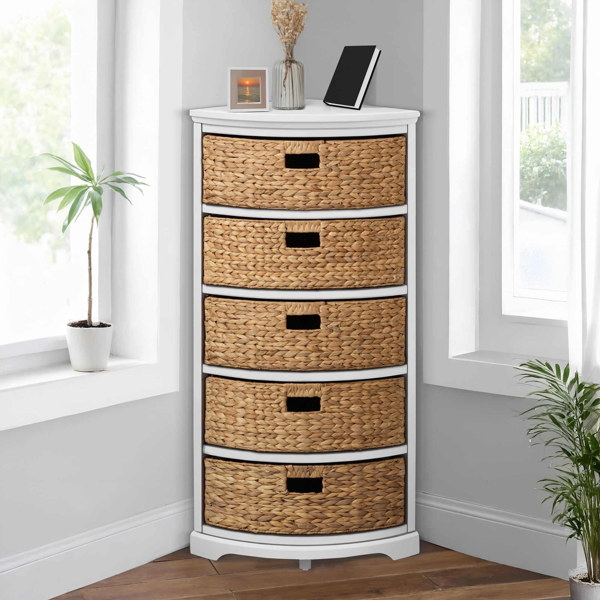 eHemco Hampton Meadows 5 Tier X-Side Corner Storage Cabinet with 5 Wicker Baskets, White