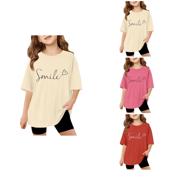 Oversized Short Sleeve T-Shirts for Girls, Letter Print Graphic Crewneck Casual Summer Tops, Drop Shoulder Loose Fit Basic Tees for Ages 3-14 Years