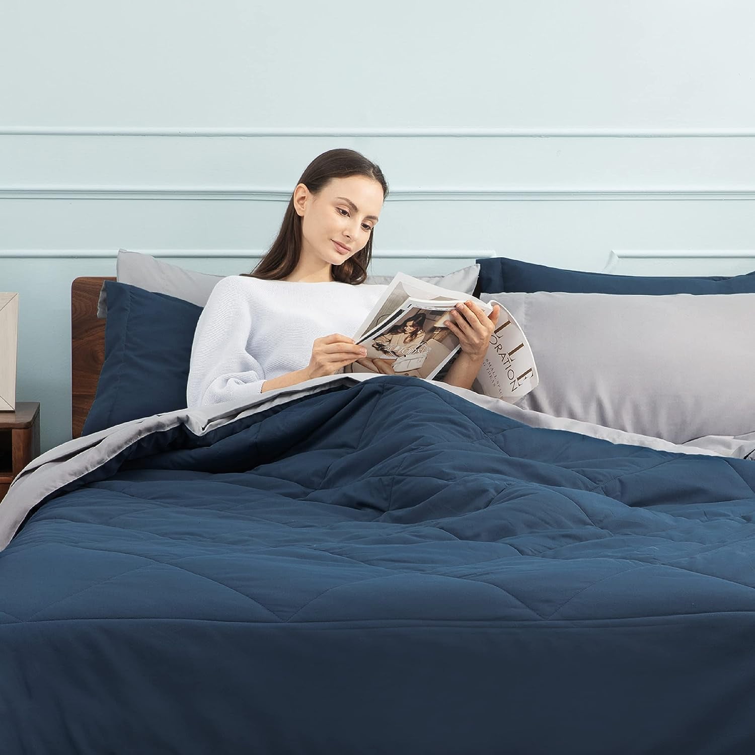 Cozy Comfort Navy Bedding Set Queen - 7 Pieces Reversible Bed Sets in a Bag with Comforters, Sheets, Pillowcases & Shams, Comforter