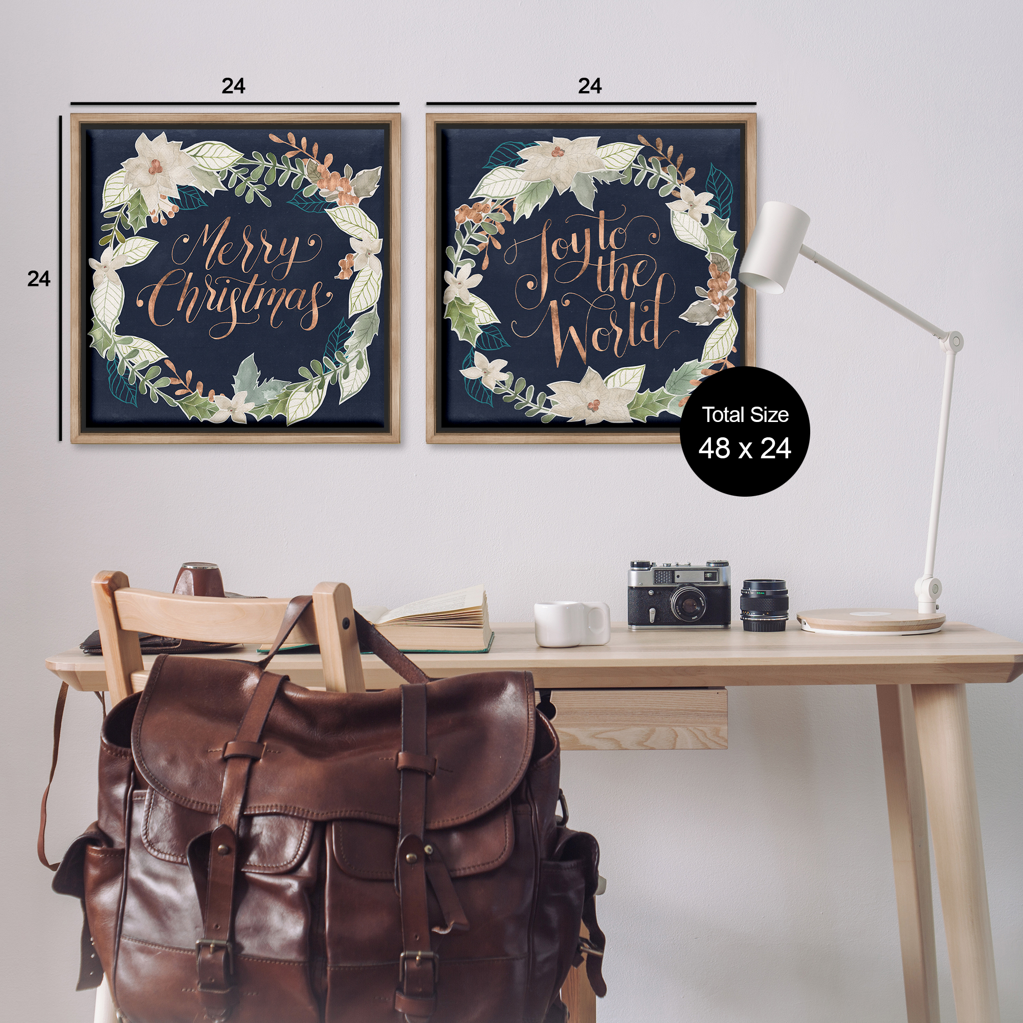 Stupell Industries Merry Christmas Joy Wreath Holiday Painting Brown Floater Framed Canvas Art Prints Wall Art, 25 x 25, Set of 2