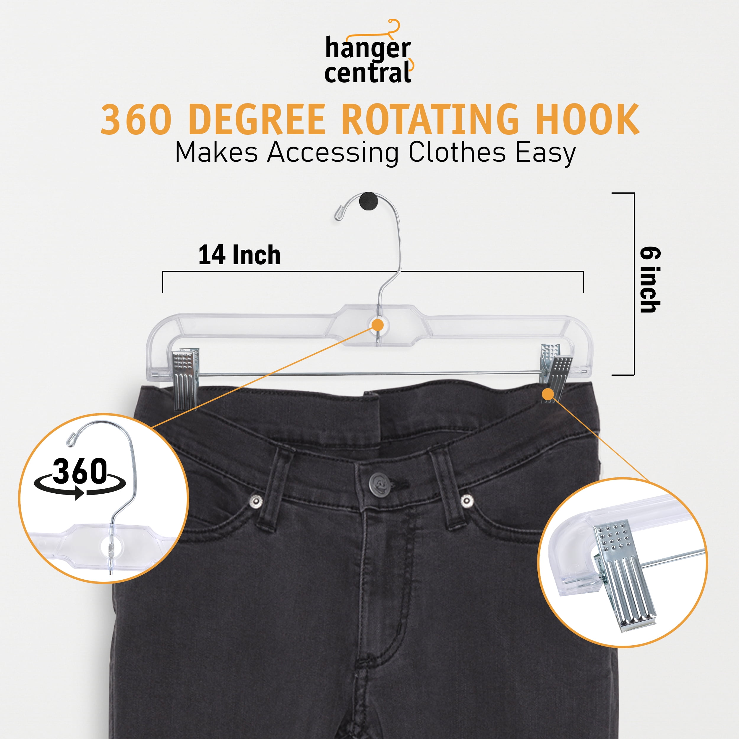 Hanger Central 25 Pack 14", Clear Skirt Hangers with Adjustable Clips, Non-Slip Plastic Pant Hangers, Slim Clip for Pants, Skirts, Shorts, 360-Rotating Swivel Hook