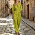 thumbnail image 5 of Ygbgbb Womens V Neck Cuffed Half Sleeve Jumpsuit Self Tie Fitted Waist Wide Leg Floor Length Pants with Hidden Pockets for Dinner Outings Town Trips Green XXL, 5 of 7