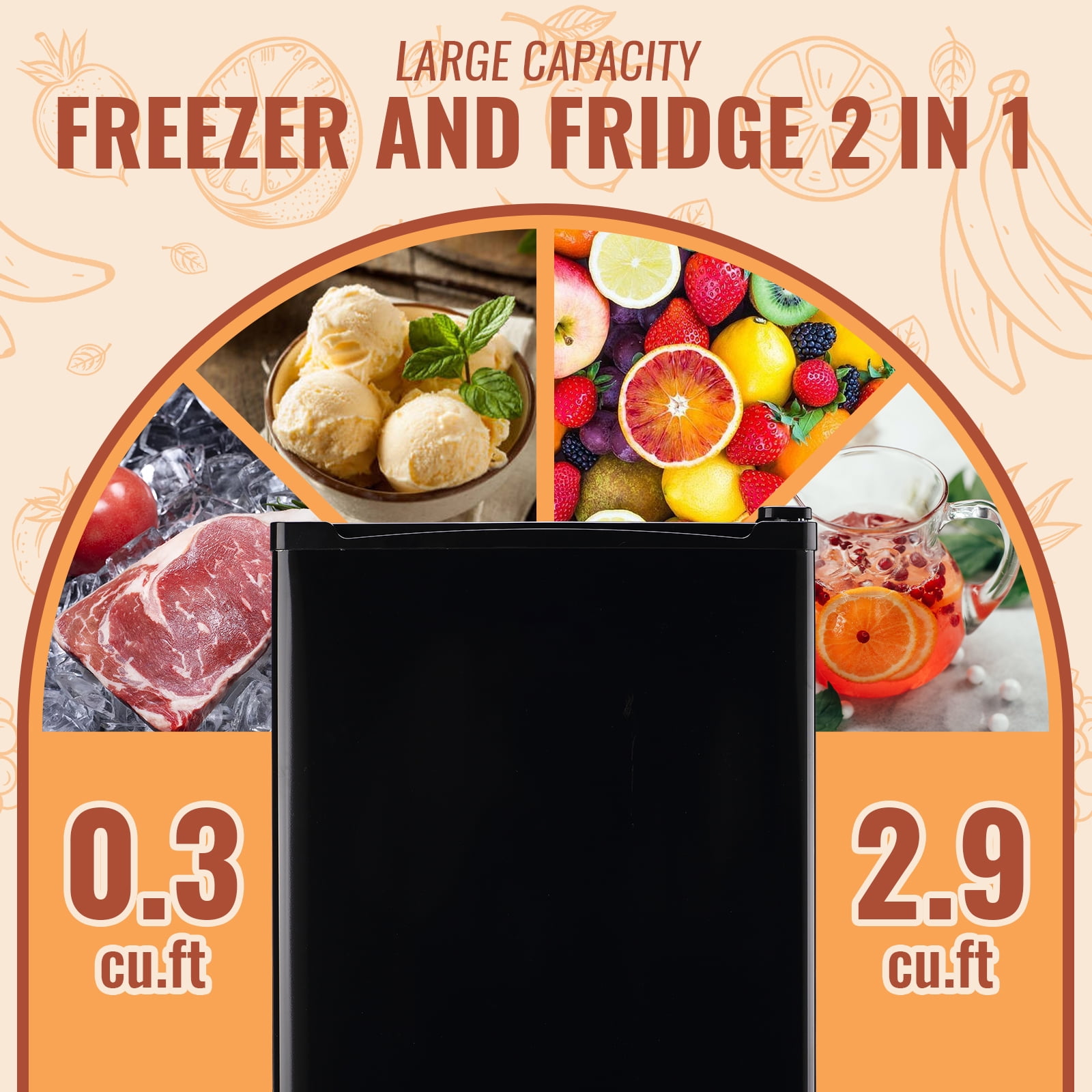 DEMULLER 3.2 Cu.ft Mini Fridge with Freezer Single DoorFridge Adjustable Temperature New Black