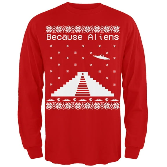 Because Aliens Pyramid Ugly Christmas Sweater Red Adult Long Sleeve T-Shirt - Large
