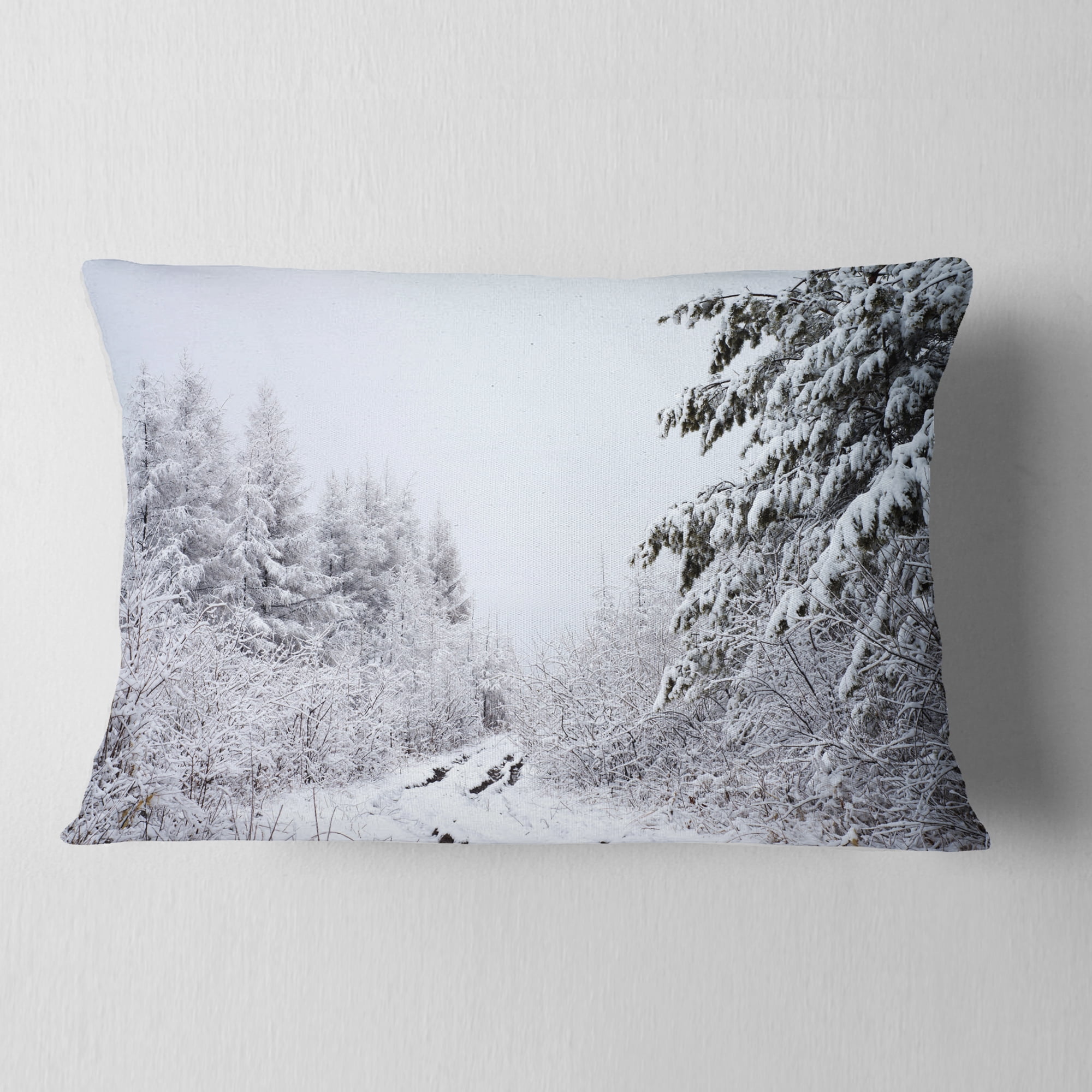 Designart Frosted Forest Trail in Fall - Landscape Photo Throw Pillow - 12x20