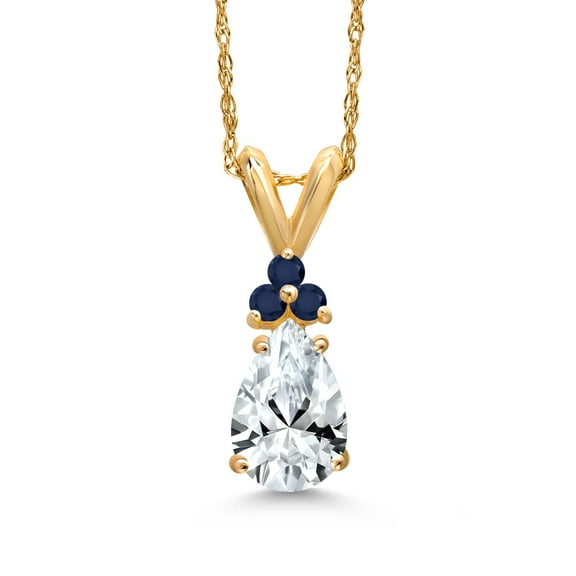 Gem Stone King 14K Yellow Gold White Created Sapphire and Blue Sapphire Pendant Necklace for Women | 1.20 Cttw | Gemstone September Birthstone | Pear Shape 8X5MM | With 18 inch Chain