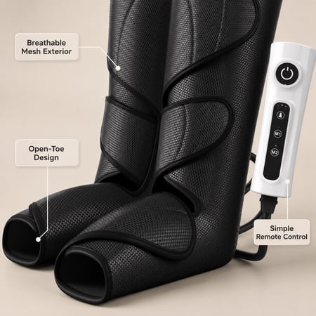 Air Compression Leg and Foot Massager with Handheld Controller, Adjustable Calf and Foot Massage Wraps with Open-Toe Design for Home and Office Relaxation