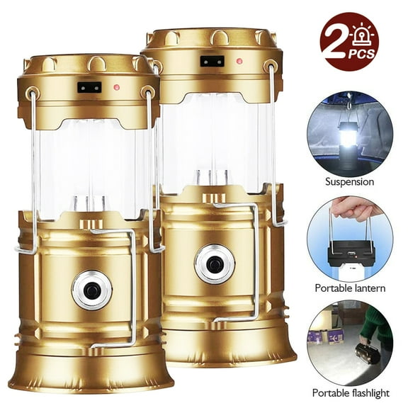 2 Pack LED Camping Lantern Solar USB Rechargeable, Super Bright Portable Survival Lanterns, Must Have During Hurricane, Emergency, Storms, Outages, Original Collapsible Camping Lights/Lamp