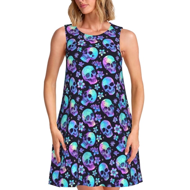 Balery Skull flower tie dye Vestidos de verano para mujer con estampado: vestido holgado sin mangas, vestido playero informal y cómodo para días calurosos.