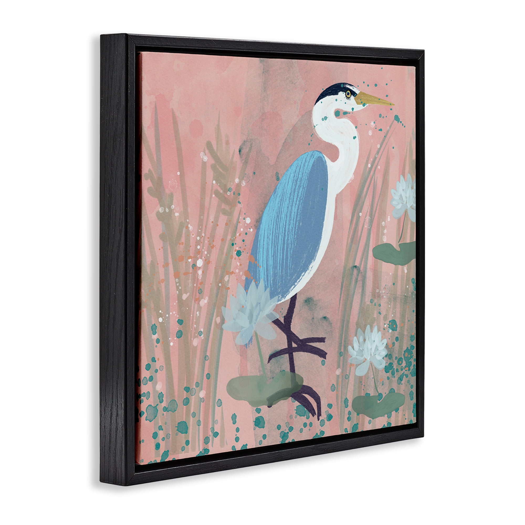 Stupell Industries Coastal Bird with Lotus Flowers Animals & Insects Painting Black Floater Framed Canvas Art Print Wall Art, 25 x 25