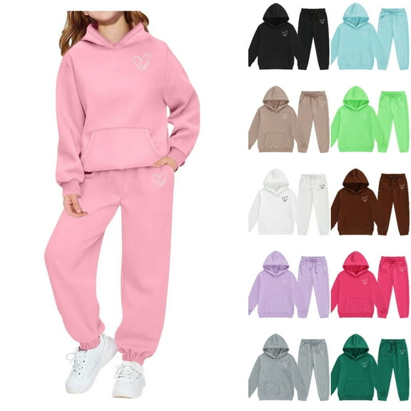 SGFCWSX Kids Heart Print Tracksuit Hooded Sweatshirt and Joggers Set for Girls Fleece 2 Piece Casual Warm Outfit Pink Size 7-8 Years