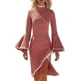 thumbnail image 2 of Gamivast Formal Dress for Women Long Bell Sleeve Midi Dress Slim Fit Cocktail Dress Mock Neck High Slit Contrast Trim Elegant Evening Party Wear, 2 of 4