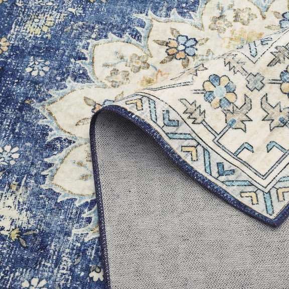 FunsLane Vintage Area Rugs, Boho Traditional Washable Rug Floral Print Carpet, Low Pile Non-Slip Rubber Backing Foldable Mat for Bedroom Dining Room Office Living Room, Blue, 6x9