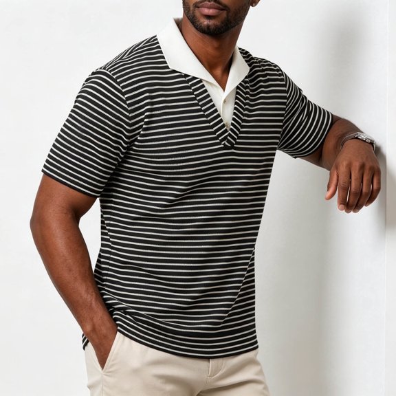 Josdec Men's Fake Two-Piece Polo Shirt Striped Knit Short Sleeve V-Neck Collar Casual Summer Top for Office & Daily Wear M-XXXL