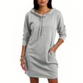 thumbnail image 2 of Women's Sweatshirt Dress Hoodie Dress Three Quarter Sleeve Stand Collar Drawstring Waist Casual Dress for Spring Fall Party Daily,Gray,S, 2 of 5