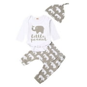 Newborn Baby Boy Little Elephant Romper Jumpsuit Bodysuit Elephant Print Pants Hat Fall Clothes Set
