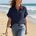 thumbnail image 2 of Tqcoqu Women's Cotton Linen Button Down Shirt,V Neck Short Sleeve Blouse,Business Casual Collared Summer Tops with Pocket,Navy Women's S-XXL, 2 of 7