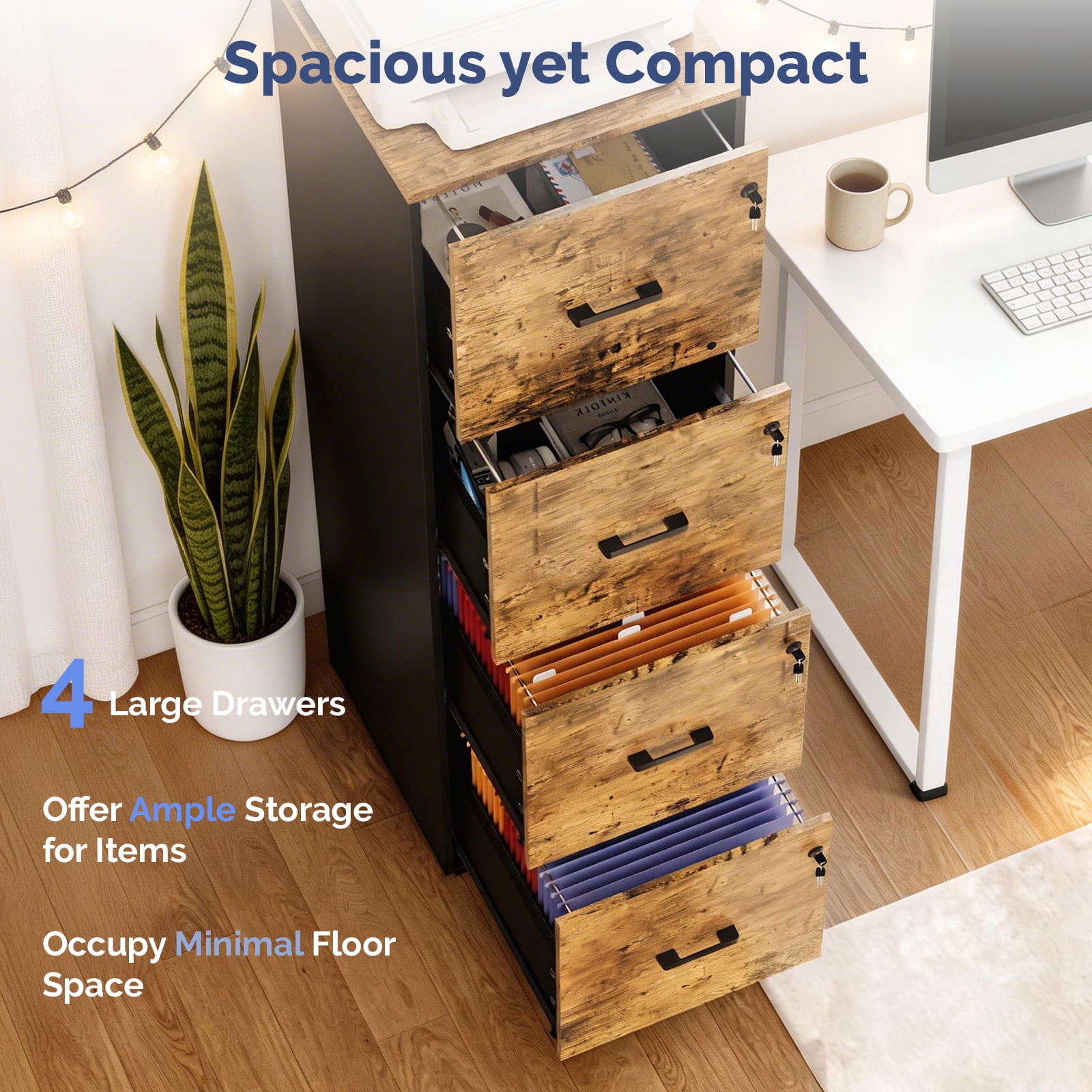 Ktaxon Wood Lateral File Cabinet with Lock for Home Office, Lockable Filing Cabinet, Easy to Assemble, Brown