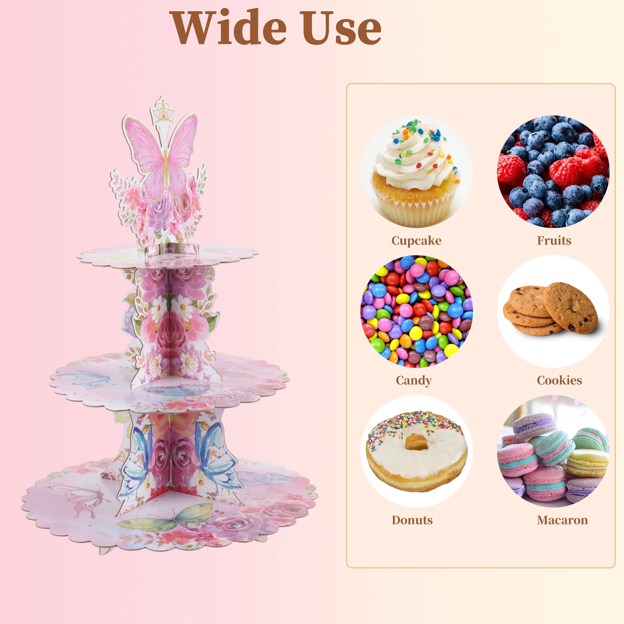 Unique Bargains 3-Tier Butterfly Pattern Cupcake Stand Tower for Birthday Wedding Party