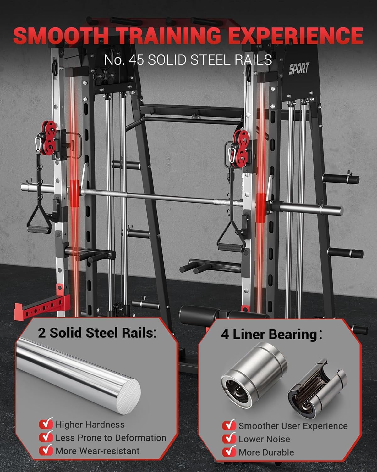 JoanKaren Pro Smith Machine Home Gym,2200 lbs Squat Rack Power Cage Workout Equipmen with Cable Crossover for Full Body Strength Training,Black&Red