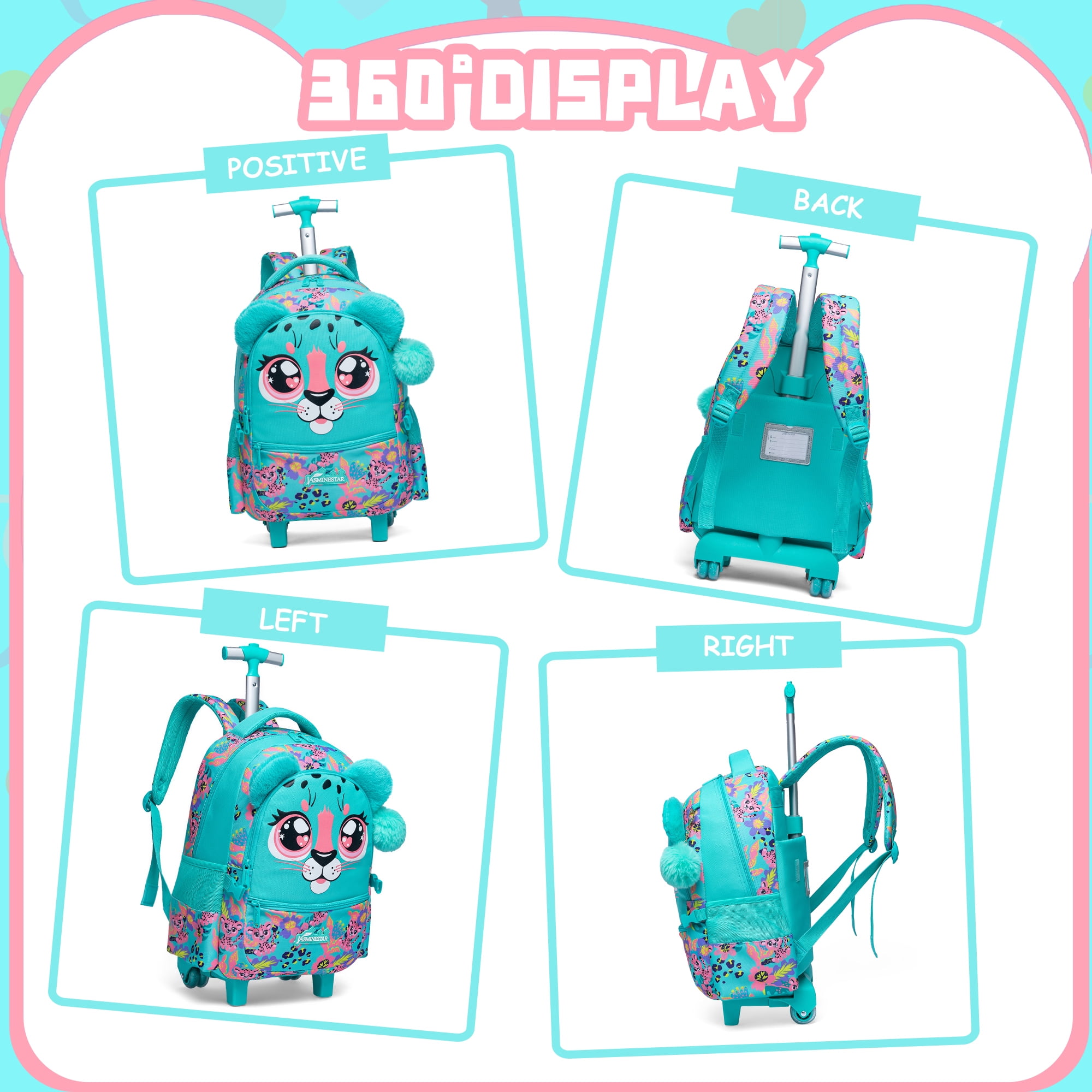 Kids Rolling Backpacks for Girls with Lunch Box Pencil Case School Bookbag with Wheels for Elementary Students Age 8-10