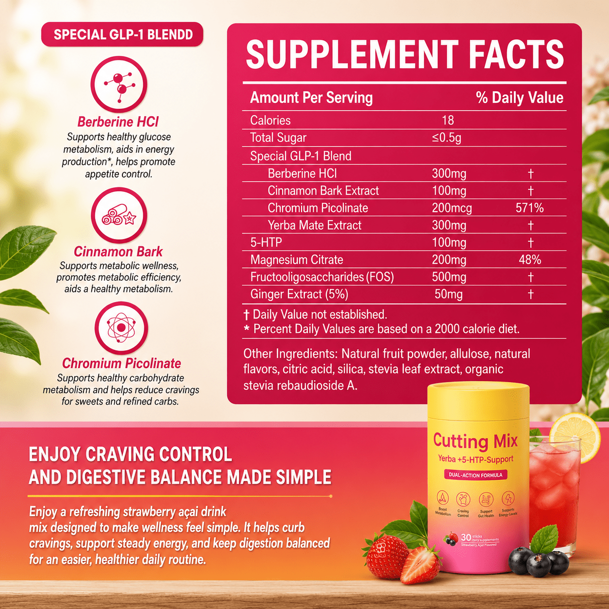 Cutting Drink Mix Strawberry Açaí Flavor Sticks | Daily Wellness Beverage Mix with Yerba Mate, FOS & Chromium | Sugar-Free Energy & Digestive Support Drink | Vegan & Non-GMO | 30 Stick Packs