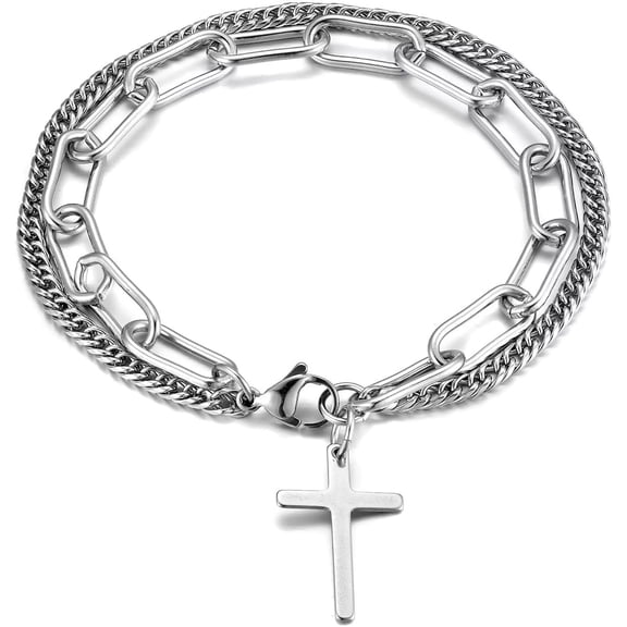 Two-row Stainless Steel Link Chain Bangle Bracelet with Dangling Cross, Religion Prayer, Fashion, Mens Womens